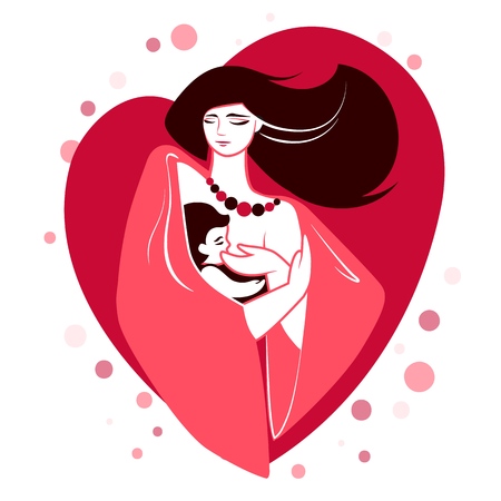 Emblem or simbol of mother and newborn baby. Mother holding child in arms and breastfeeding her. Vector vertical illustration with concept for family, motherhood, maternity, childbearing, mother s day, love and care. Eps10.のイラスト素材