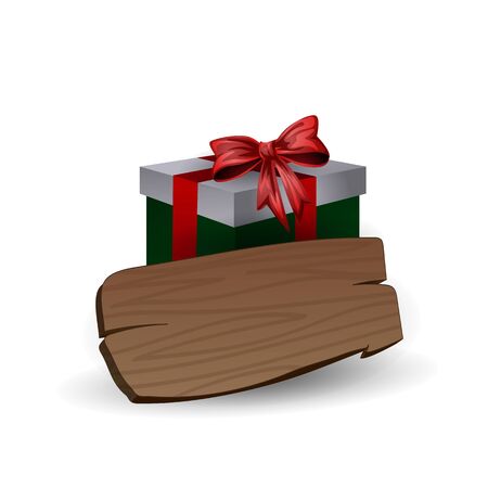 Holiday green gift box with bow and wooden board for inscriptionsのイラスト素材