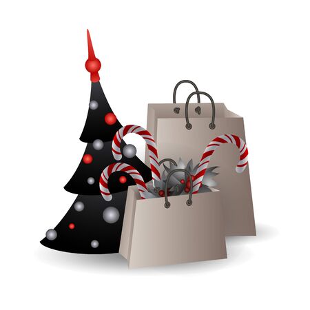 Festive composition with Christmas tree and gift bags with branches and candyes on a white background. Christmas sale concept, eco packaging, flat lay, close up. Vector illustration, clip art.のイラスト素材