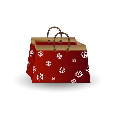 Party festive gift bag of red paper with golden ribbon decorated with a winter pattern of snowflakes isolated on a white background. Cartoon vector illustrationのイラスト素材