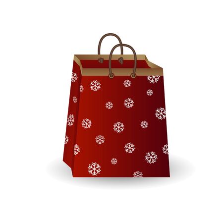 Party festive gift bag of red paper with golden ribbon decorated with a winter pattern of snowflakes isolated on a white backgroundのイラスト素材