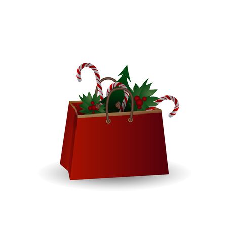 Festive composition with Christmas tree branches and sweets in a gift bag on a white background. Christmas sale concept, eco packaging, place for text, flat lay, close up. Vector illustration, clip art.のイラスト素材