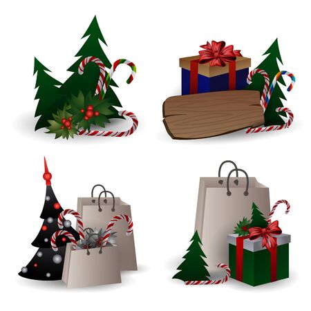 Set of festive composition with Christmas tree branches in a gift bag and boxes with bows on a white background. Christmas sale concept, eco packaging, flat lay, close up. Vector illustration, clip art.のイラスト素材