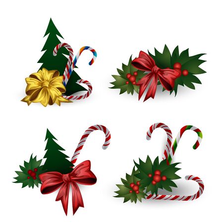 Set of festive composition with Christmas tree branches with bows on a white background.のイラスト素材