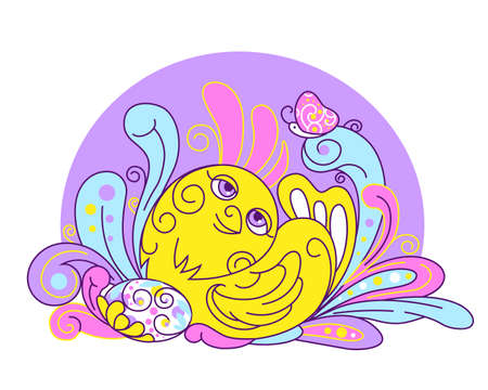 Illustration of newborn chick sitting on Easter eggsのイラスト素材