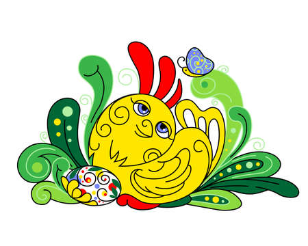 Illustration of newborn chick sitting on Easter eggsのイラスト素材