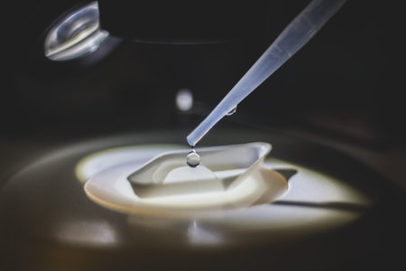 Close up view of drops under the microscope. Doing research of waterの写真素材