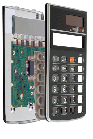 Calculator chip installed on integrated circuit macro, calculator isolated on white backgroundの写真素材