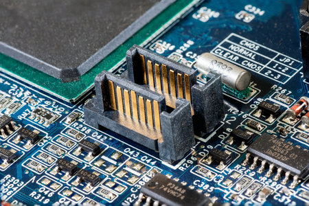Computer motherboard, slot SATA plug, closeup macro