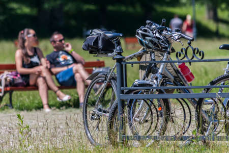 Suprasl , Poland - June 5, 2016 : Rest during cycling tourのeditorial素材