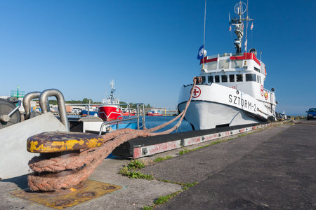 Hel, Poland 2 Lipec 2009: The rescue ship docked in the harbor waiting for a call