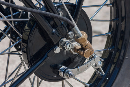 Front wheel brake in old vintage motorcycleの写真素材