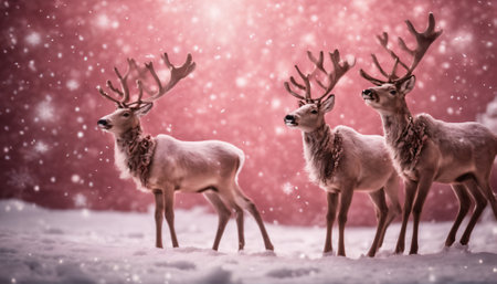 Three reindeers in the snow. Christmas background. Toned.の素材