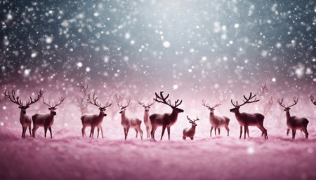 Red deer family in winter forest with falling snow.の素材