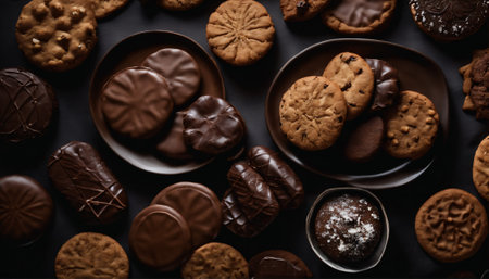 Chocolate cookies in different shapes and sizes on a dark background.の素材