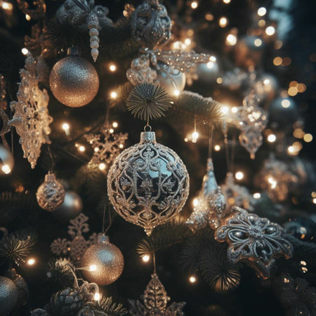 Christmas tree decorated with silver ornaments and lights. Christmas backgroundの素材