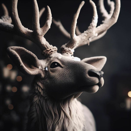 Closeup of a reindeer with antlers on a dark backgroundの素材