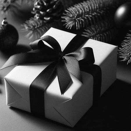 Christmas gift box with black ribbon and fir tree branch on black backgroundの素材