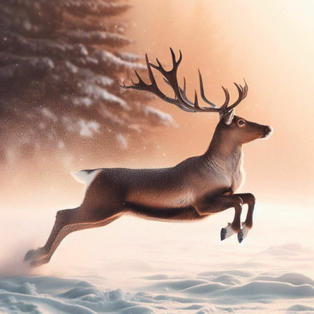 Deer jumping in the snow. 3d illustration. Christmas background.の素材