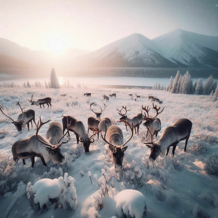 Reindeer herd in winter landscape at sunset. Carpathians, Ukraine.の素材