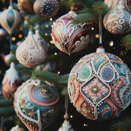 Colorful Christmas ornaments hanging on the Christmas tree.の素材