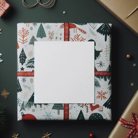 Christmas greeting card mockup. Flat lay, top view, copy spaceの素材