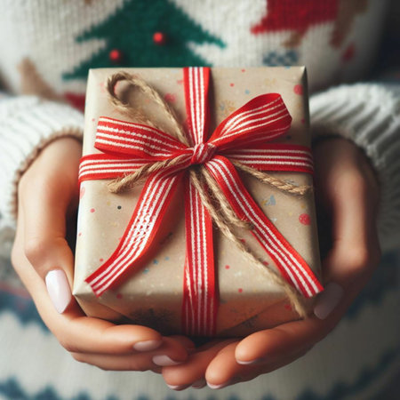 Female hands hold a Christmas gift wrapped in craft paper with a red ribbon.の素材