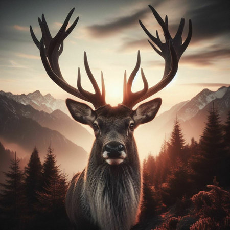 Deer with big antlers in the mountains. 3d renderの素材