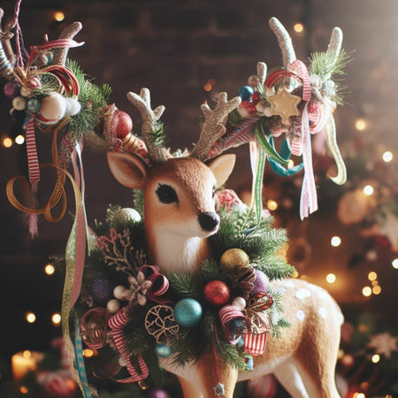Christmas decoration with reindeer and baubles over wooden backgroundの素材