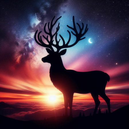 Silhouette of a deer against the background of a beautiful night skyの素材