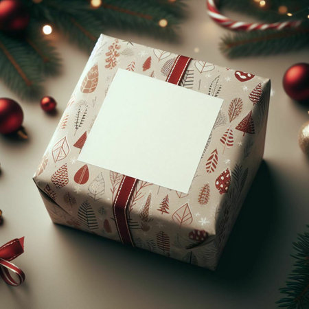 Christmas gift box with blank greeting card on bokeh lights backgroundの素材