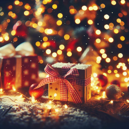 Christmas gift boxes on wooden background with bokeh lights, retro tonedの素材