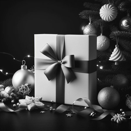 Christmas decoration with gift box and christmas tree. black and whiteの素材