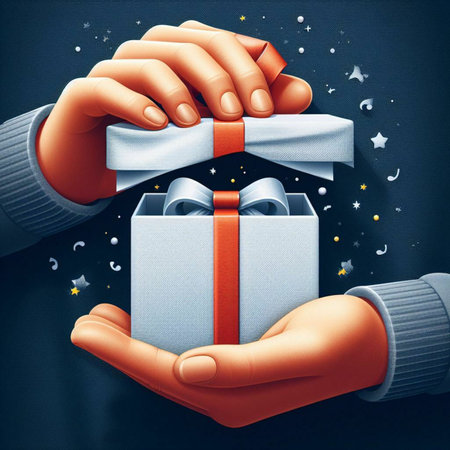 Open gift box in hands on dark background. 3d illustration.の素材