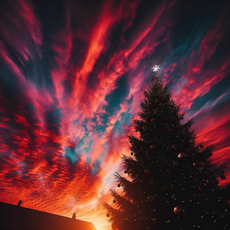 Christmas tree in the sky with clouds and stars. Christmas background.の素材