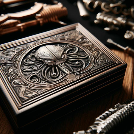 Wooden jewelry box and accessories on a dark background close-upの素材