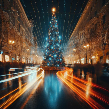 Christmas tree on the street in Moscow, Russia. Long exposure.の素材