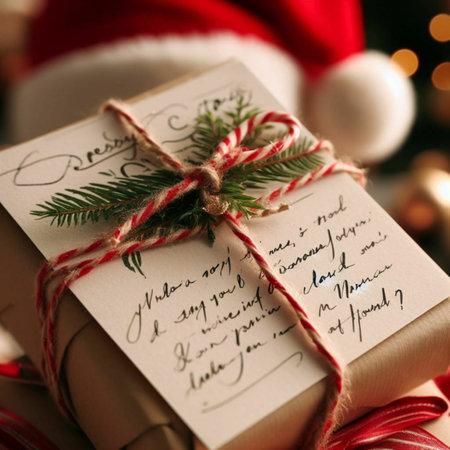 Christmas card with letter to Santa Claus and Christmas tree in the backgroundの素材