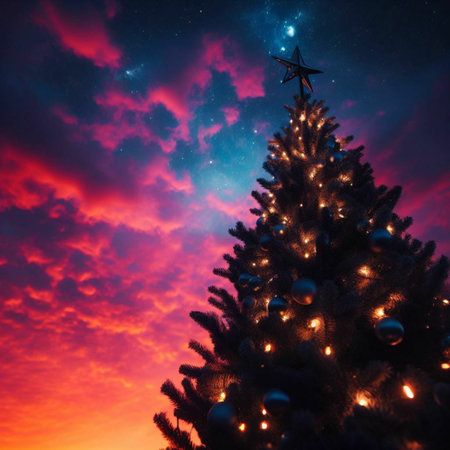 Christmas tree on the background of the night sky with stars and cloudsの素材