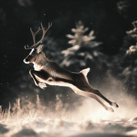 Deer jumping in the winter forest. Wild animals in the nature.の素材