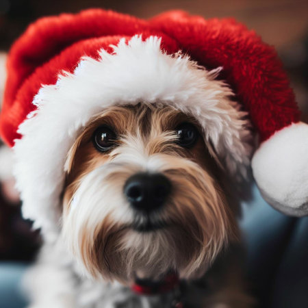 Yorkshire Terrier in a Santa Claus hat, close-upの素材