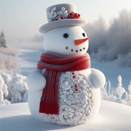 Snowman with red scarf and hat in the winter forest. 3d renderの素材