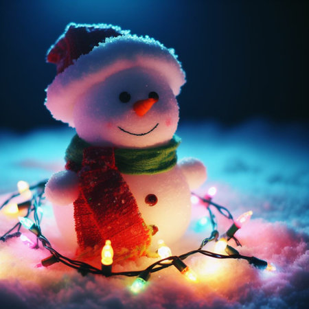 Snowman with Christmas lights in the snow. Christmas greeting card.の素材