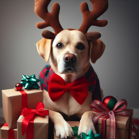 Labrador retriever dog wearing reindeer antlers and Christmas giftsの素材