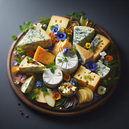 Cheese platter with different types of cheese on dark background, top viewの素材