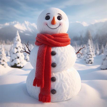 Snowman with red scarf on the background of a winter landscape.の素材