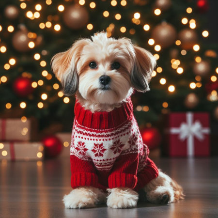 Cute puppy in red knitted sweater sitting near Christmas treeの素材