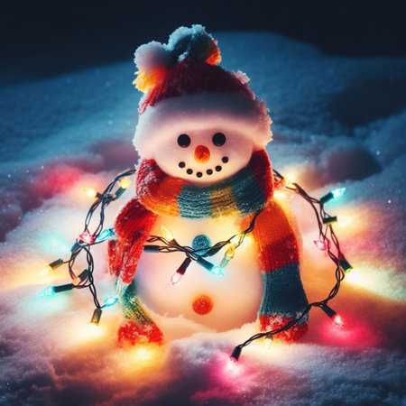 Snowman with Christmas lights on snow. Christmas and New Year background.の素材