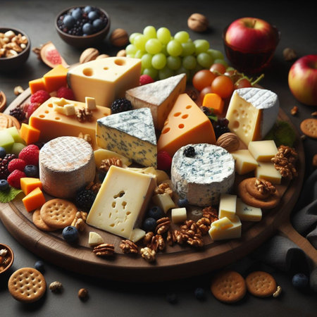 Cheese platter with assorted cheeses, grapes, nuts and crackers on dark backgroundの素材