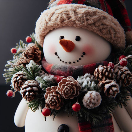 Christmas snowman on a black background with pine cones and a scarfの素材